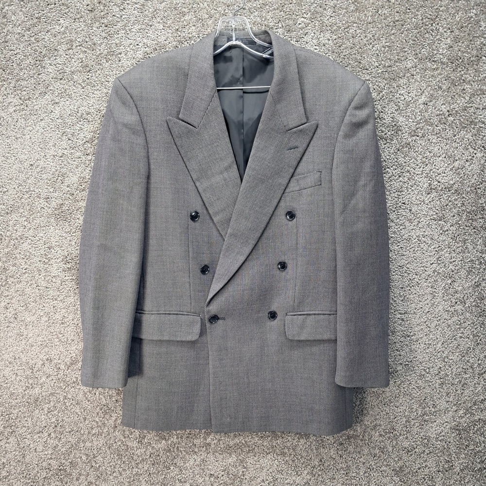 Jones New York Mens 39R Double Breasted Wool Blazer Grey Peak Lapel Jacket